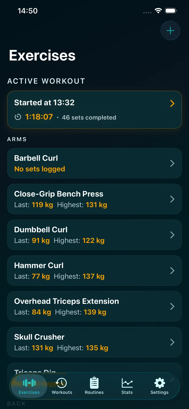 Exercises screen grouped by muscle, with last and highest weight per exercise