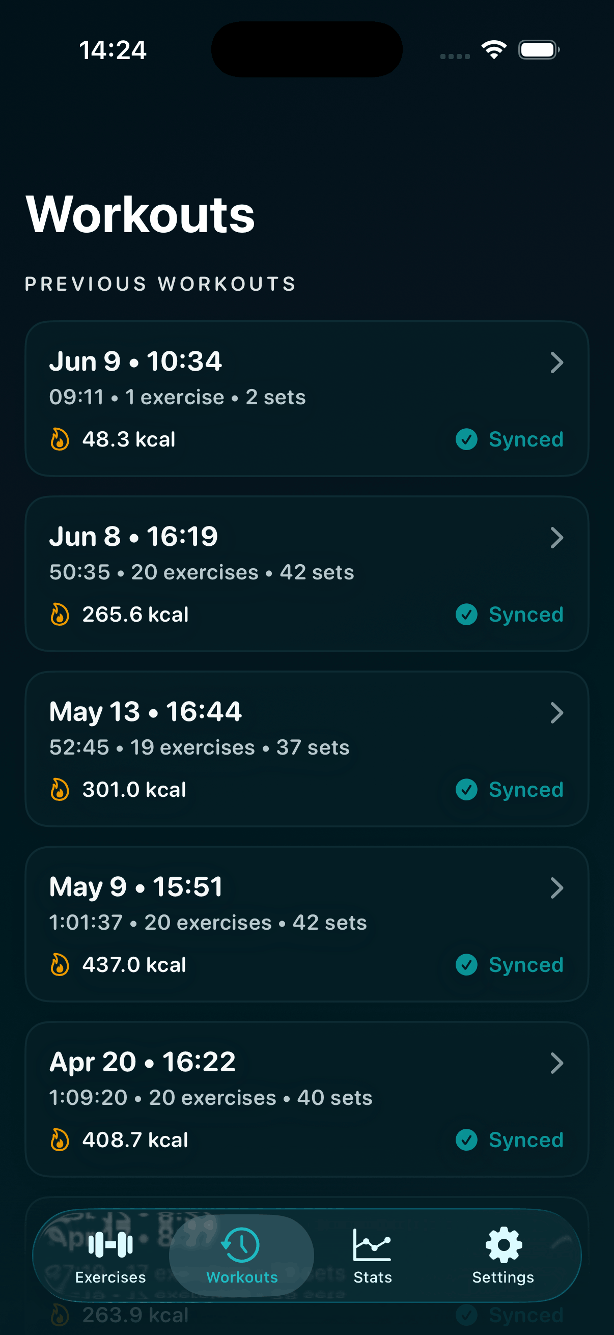 Workouts list